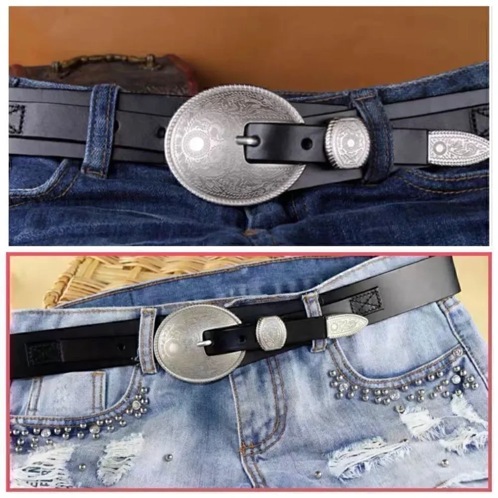 Vintage Style Genuine leather Belt with Floral Engraved Pattern Buckle